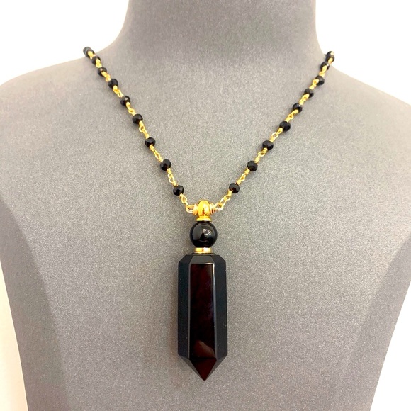 Obsidian Bottle Necklace-Rosary chain 14k Gold plate perf for essential oils! :) - Picture 1 of 4